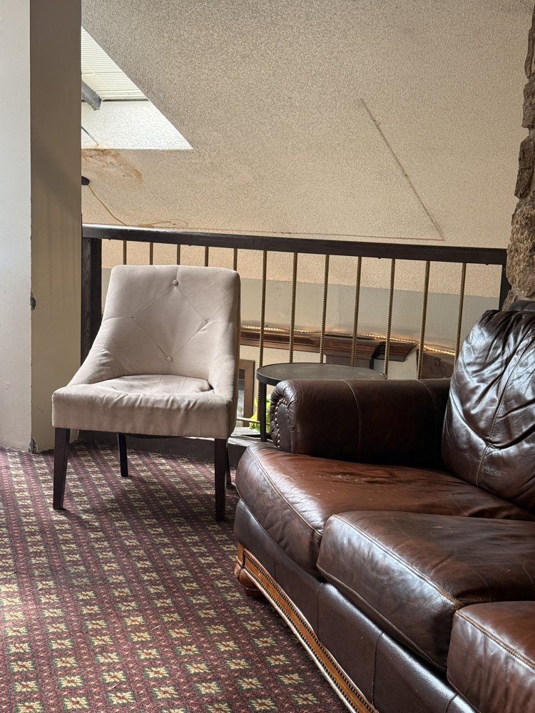 Brown leather sofa with deep creases and sagging seat cushions beside a beige upholstered chair on a patterned red carpet